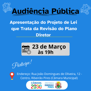 Audiência pública em Ribeirão Pires debate revisão do Plano Diretor no dia 23 de março