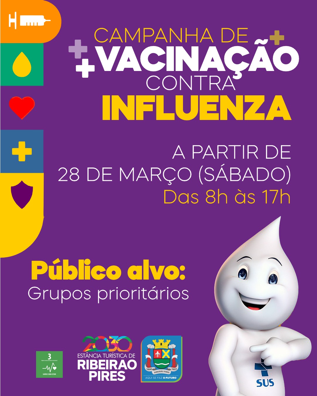 Campanha de Vacinação contra Influenza inicia no próximo sábado (28), em Ribeirão Pires